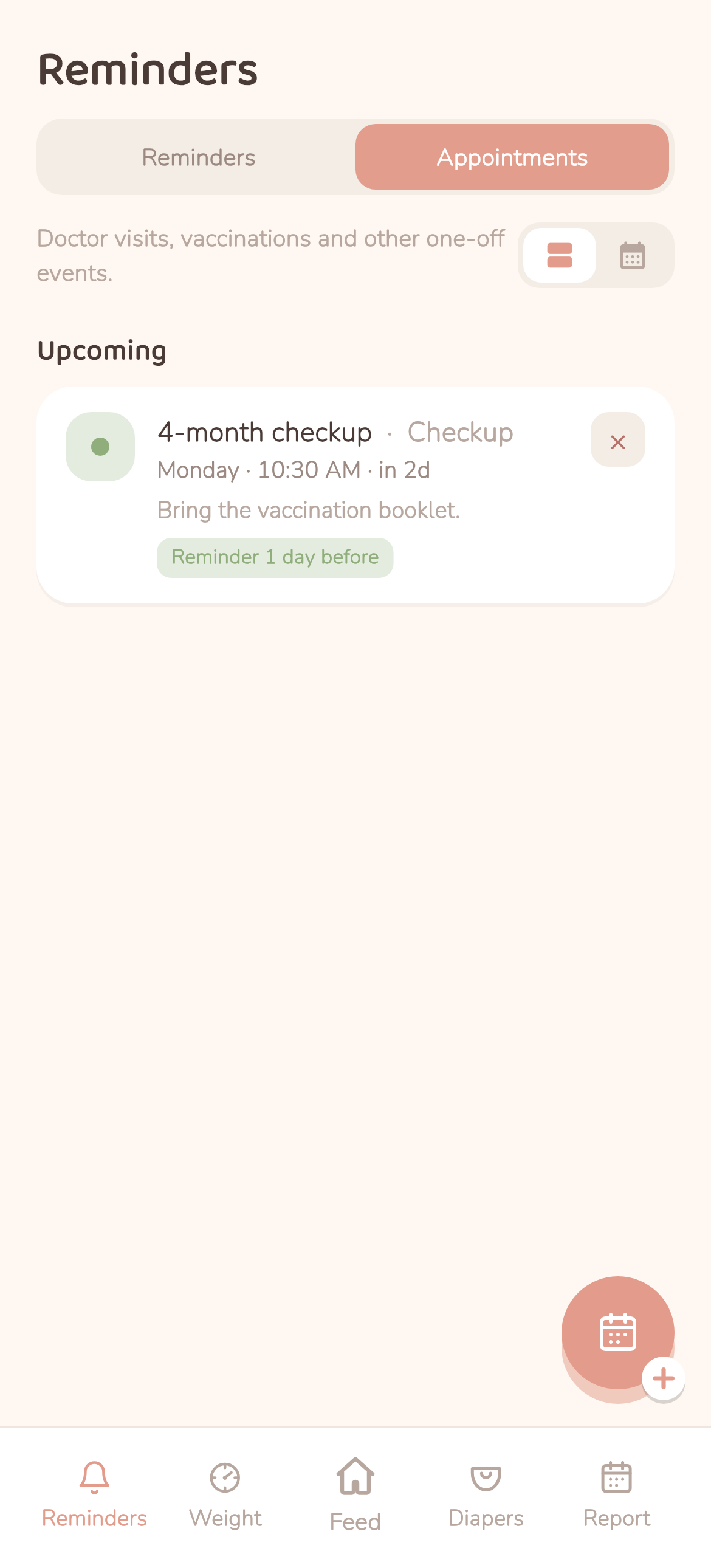 Nestling appointments screen with an upcoming doctor checkup and a reminder before it