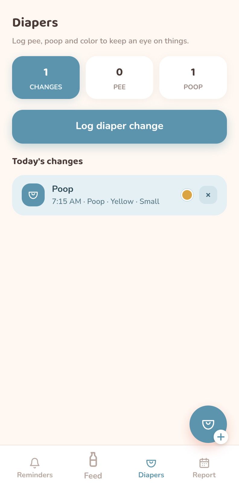 Nestling diapers screen with daily change counts and a log diaper change button