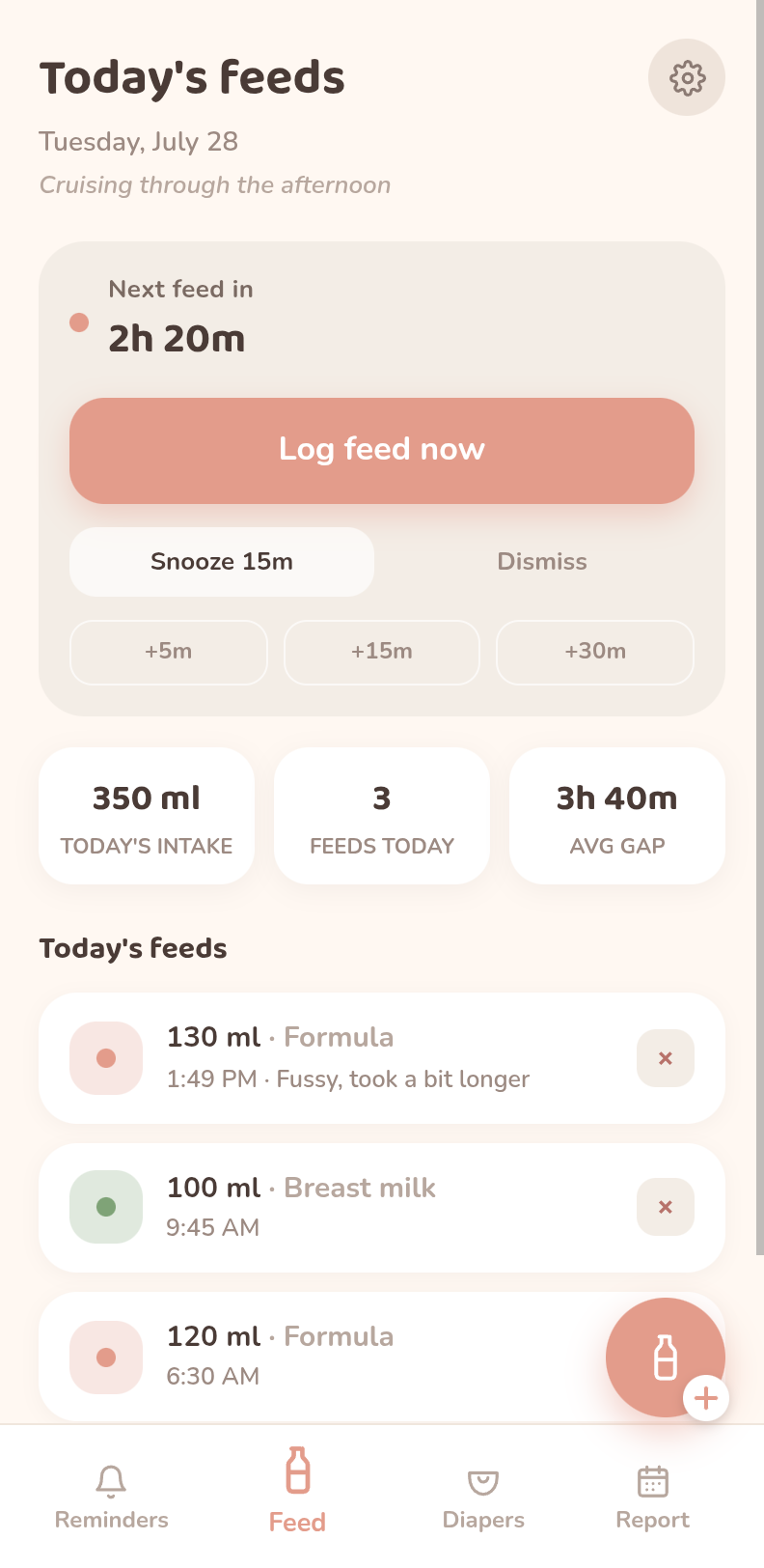 Nestling feed screen showing today's feeds, next feed countdown and quick +5/15/30m buttons
