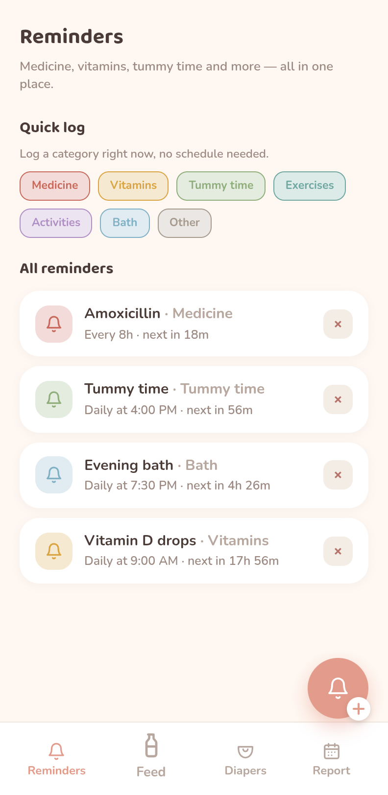 Nestling reminders screen with quick log categories and an upcoming reminders list