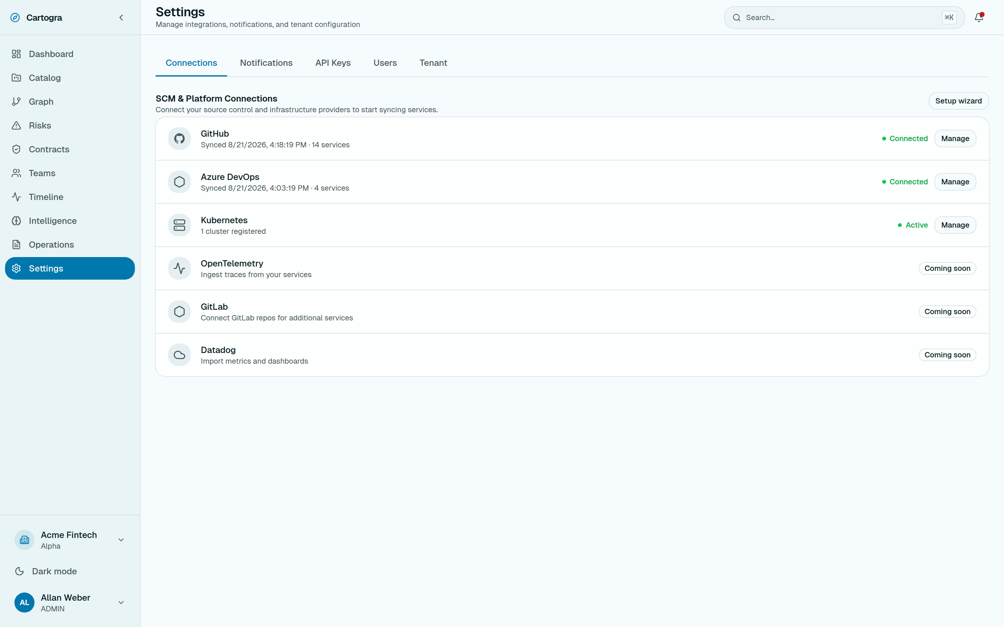 Connections settings showing GitHub, Azure DevOps and Kubernetes connected