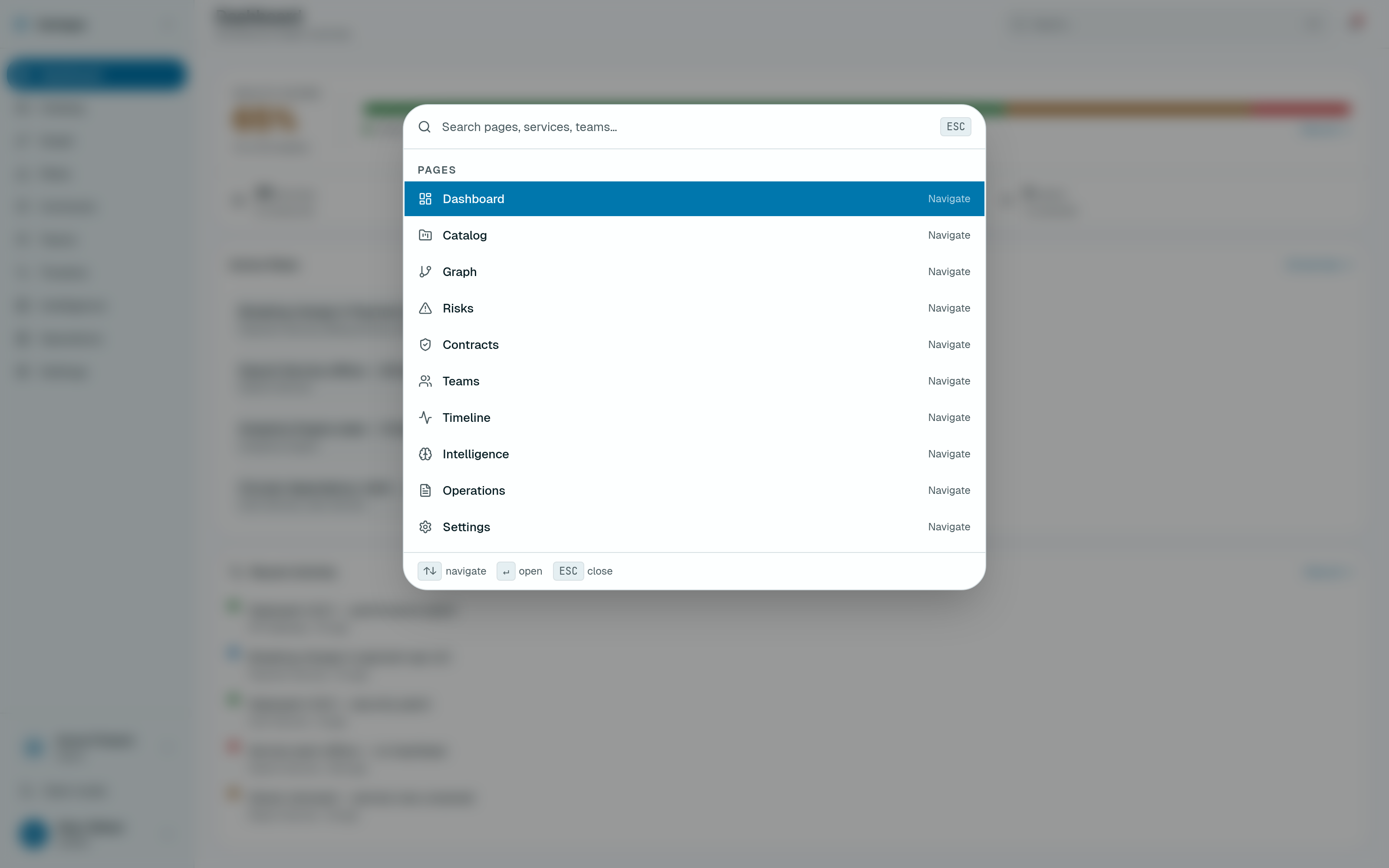 Command palette open over the dashboard