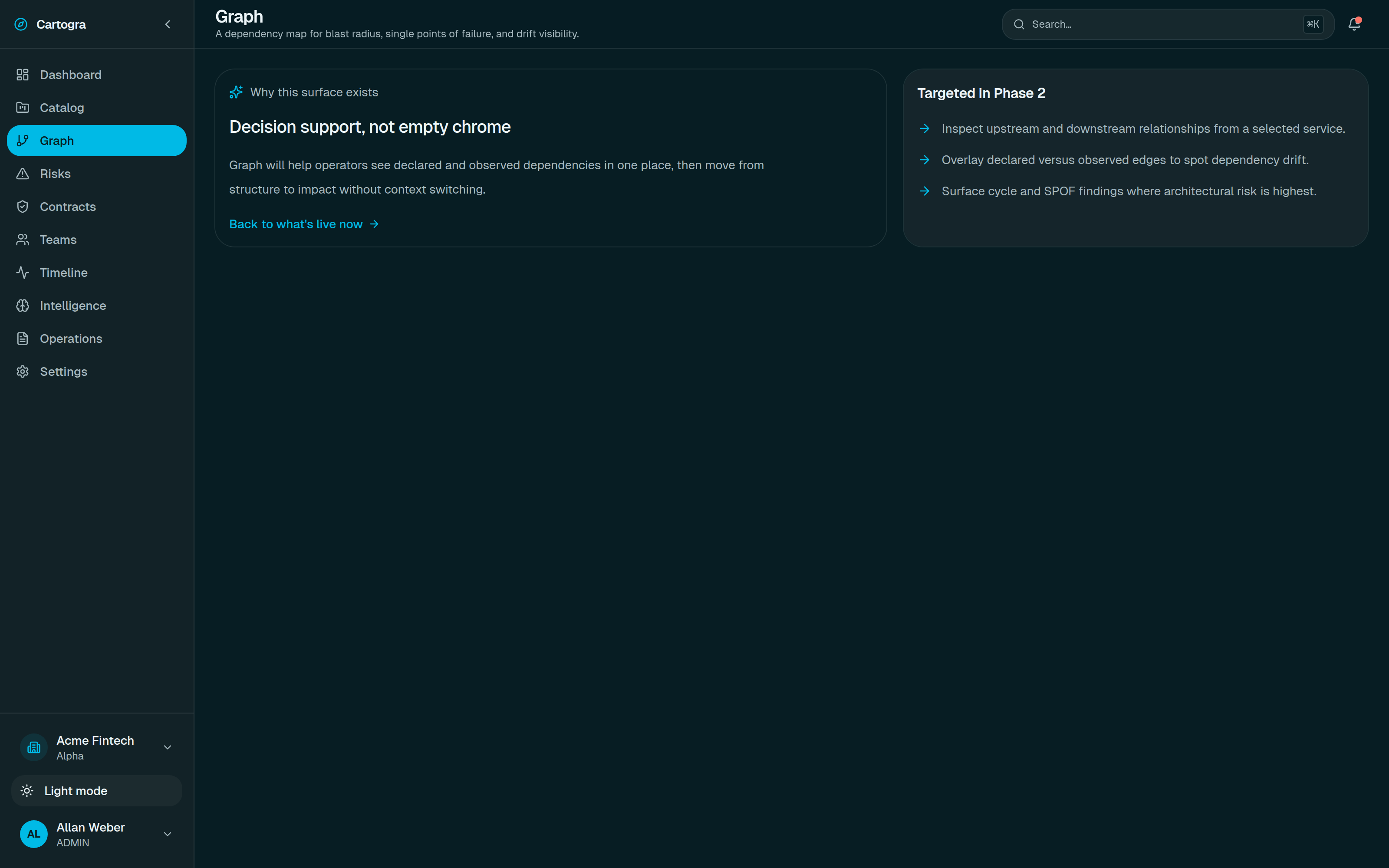 The dependency graph screen, currently showing its coming-soon placeholder